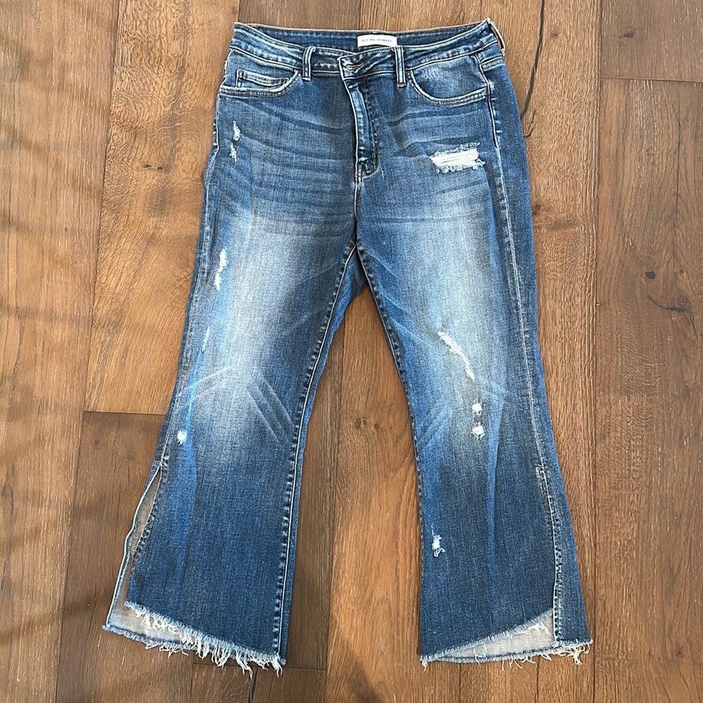 Flying Monkey Distressed Cropped Flare Jeans in Medium Blue